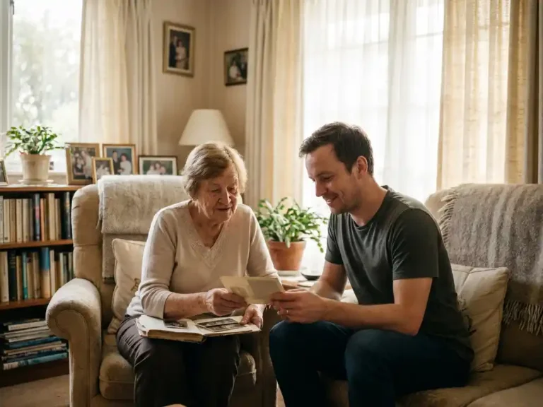 Oudere persoon en familielid bekijken samen documenten in zonnige woonkamer met warme, natuurlijke sfeer.