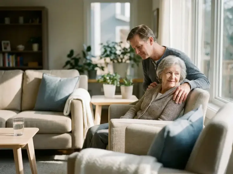 Oudere persoon bij zonnig raam met familielid dat zorgzaam een hand op zijn schouder legt, warme middagsfeer in moderne woonkamer.