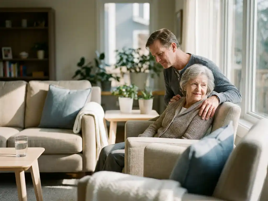 Oudere persoon bij zonnig raam met familielid dat zorgzaam een hand op zijn schouder legt, warme middagsfeer in moderne woonkamer.