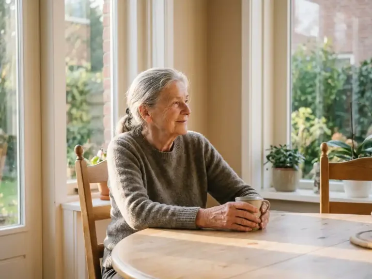 Oudere persoon met warme mok aan keukentafel in Nederlands huis, zacht ochtendlicht vanuit raam, rustige zelfstandigheid.