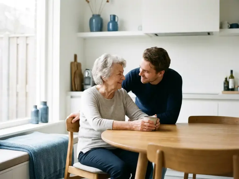 Oudere persoon met kopje thee aan keukentafel in gesprek met familielid, warm natuurlijk licht in modern Nederlands interieur.