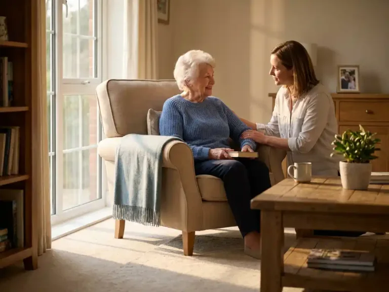 Oudere persoon in fauteuil bij zonnig raam, begeleid door familielid in warme huiskamer met houten accenten.