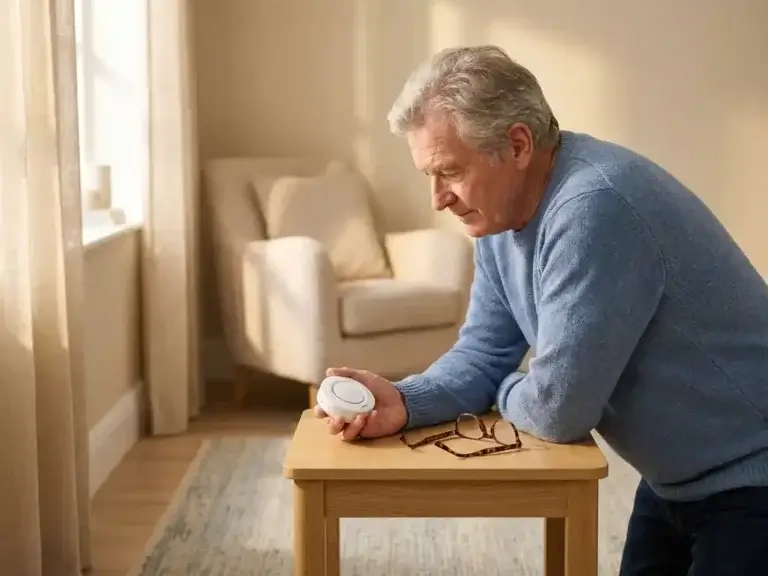 Oudere volwassene onderzoekt draadloos alarmsysteem op eiken bijzettafel, leesbril nabij, zacht middaglicht in gezellige woonkamer.