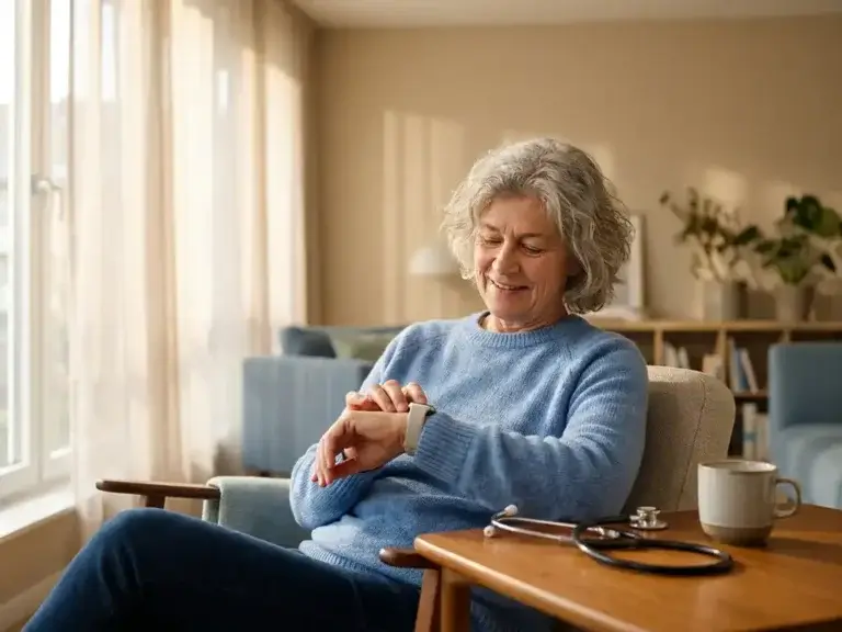 Oudere volwassene met grijs haar bekijkt smartwatch aan pols, stethoscoop op houten tafel naast hen, lichte moderne woonkamer.