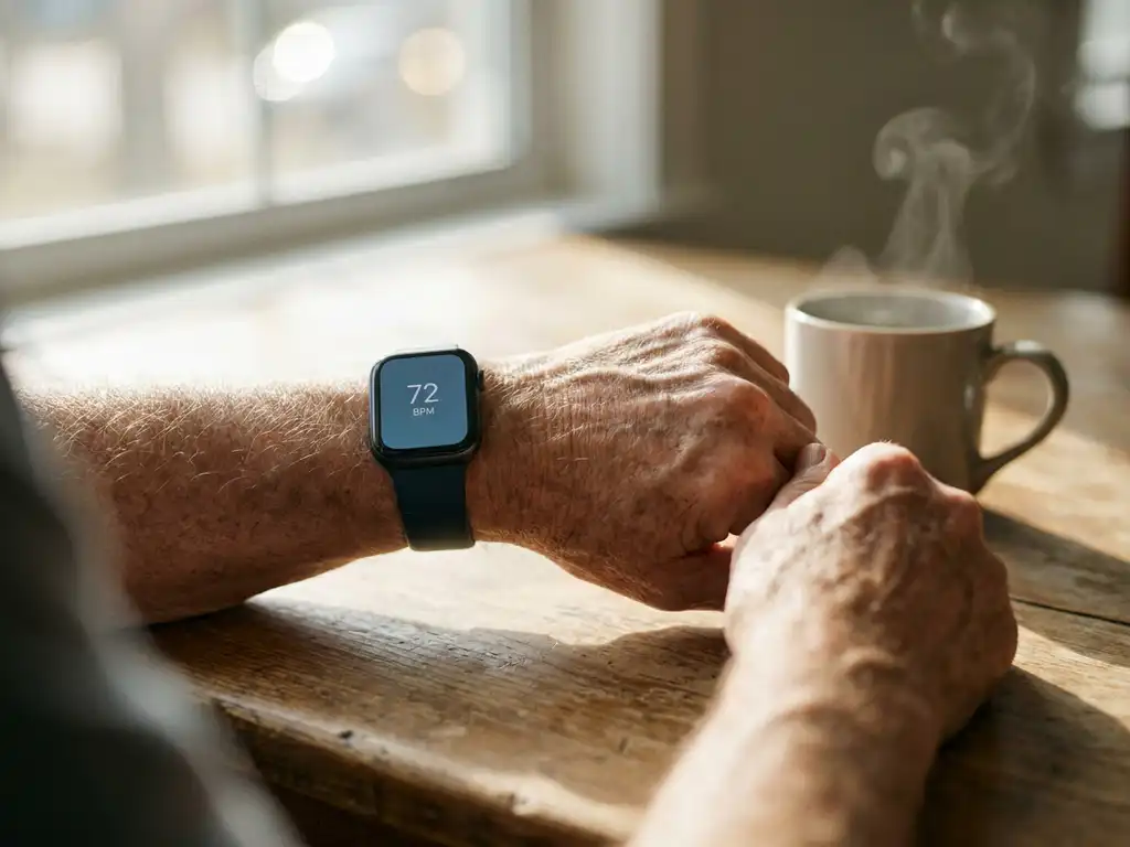 Oudere hand met smartwatch die hartslag toont, rustend naast dampende mok op houten tafel in zacht natuurlijk licht.