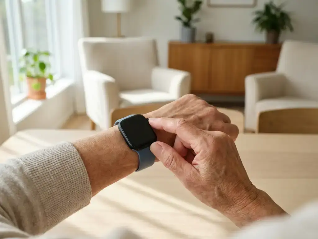 Oudere hand met rimpelige huid die een moderne smartwatch aanraakt, zacht daglicht vanuit een raam op de achtergrond.