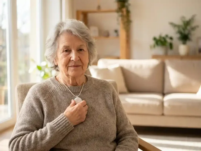 Oudere vrouw drukt op wit alarmpendant om haar nek, zittend in een lichte Nederlandse woonkamer met warme middaglichtval.
