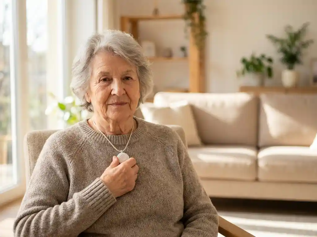 Oudere vrouw drukt op wit alarmpendant om haar nek, zittend in een lichte Nederlandse woonkamer met warme middaglichtval.