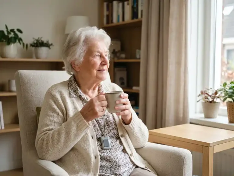 Oudere vrouw met alarmhanger drinkt thee bij zonnig raam in moderne Nederlandse woonkamer met licht houten meubels.