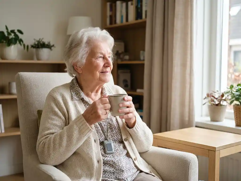 Oudere vrouw met alarmhanger drinkt thee bij zonnig raam in moderne Nederlandse woonkamer met licht houten meubels.
