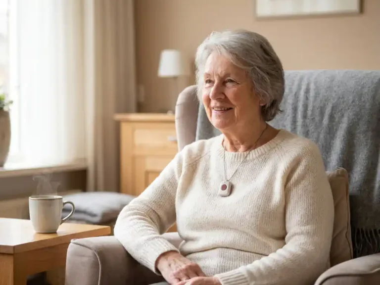 Oudere vrouw met alarmpendant om haar nek, ontspannen in lichte Nederlandse woonkamer met kopje thee op bijzettafel.