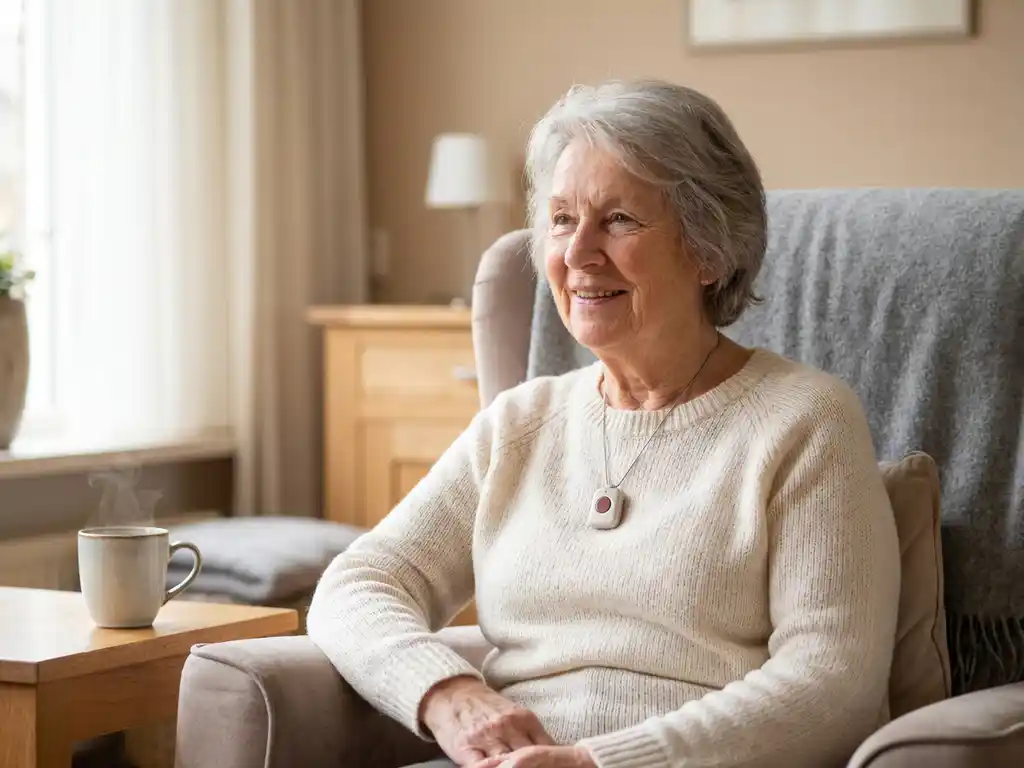 Oudere vrouw met alarmpendant om haar nek, ontspannen in lichte Nederlandse woonkamer met kopje thee op bijzettafel.