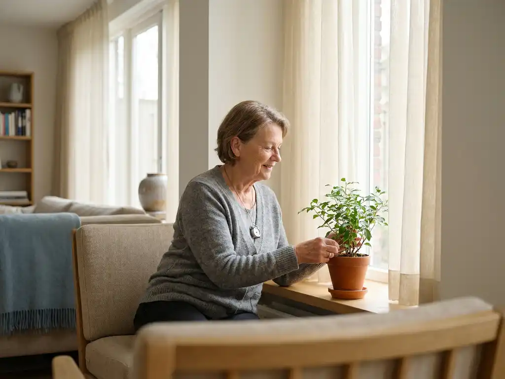 Oudere vrouw met persoonlijk alarmpendant verzorgt kamerplant op vensterbank in lichte, moderne Nederlandse woonkamer.