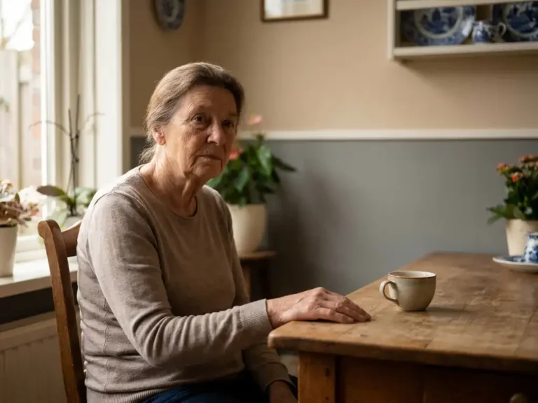 Oudere vrouw alleen aan keukentafel in Nederlands huis, hand op tafelrand, onzeker gezicht, koud kopje thee naast haar.