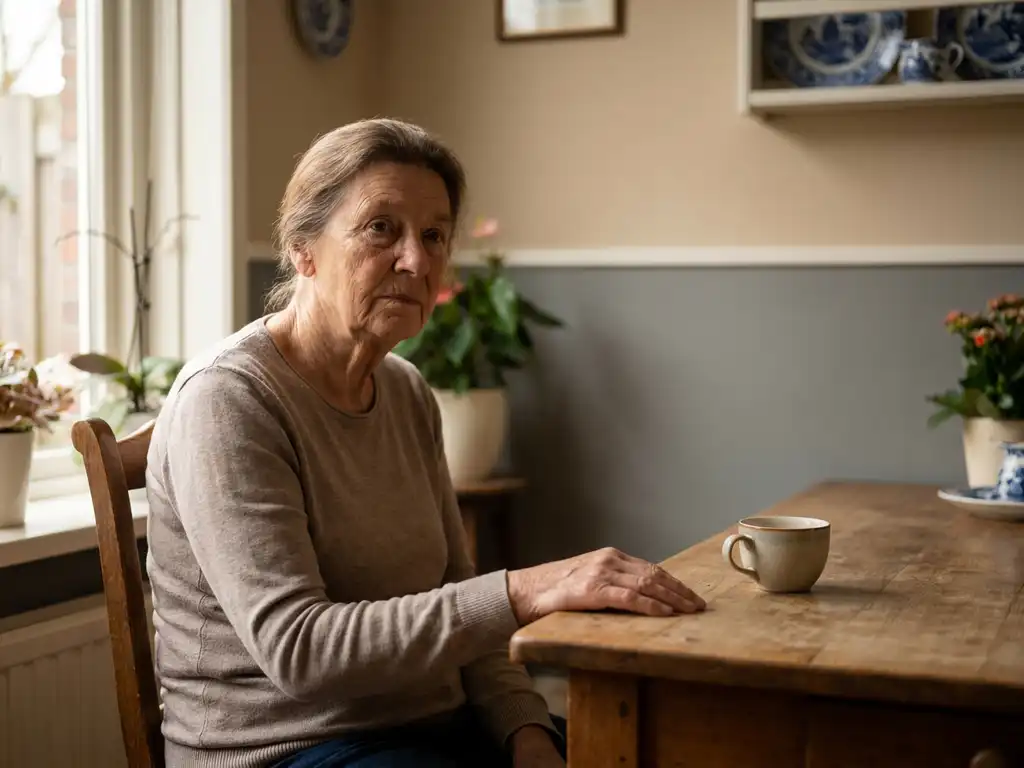 Oudere vrouw alleen aan keukentafel in Nederlands huis, hand op tafelrand, onzeker gezicht, koud kopje thee naast haar.