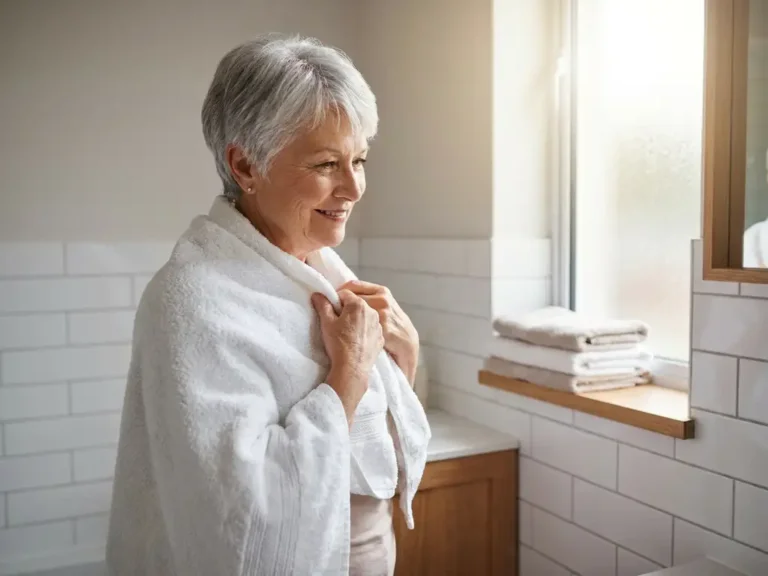 Oudere vrouw die zich na het douchen in een witte handdoek wikkelt in een lichte, moderne badkamer.