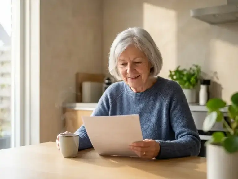 Oudere vrouw met zilvergrijs haar bekijkt maandoverzicht aan keukentafel met dampende thee, natuurlijk licht, modern Nederlands interieur.