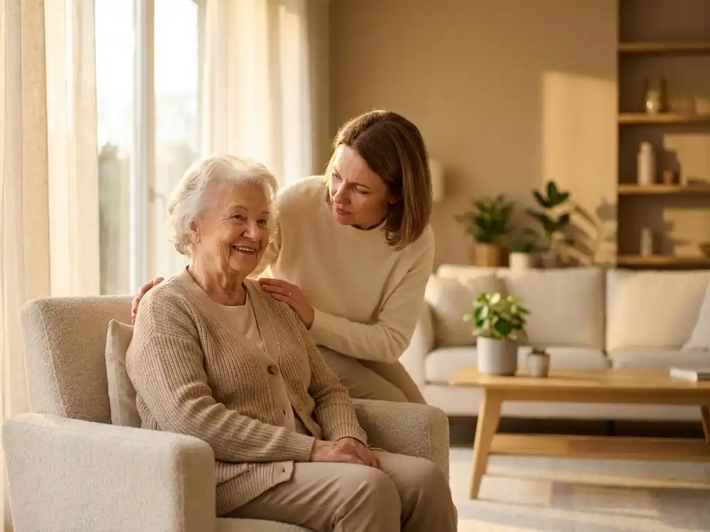 Oudere vrouw en haar dochter in lichte woonkamer, dochter legt zorgzaam hand op moeders schouder in warm, natuurlijk moment.