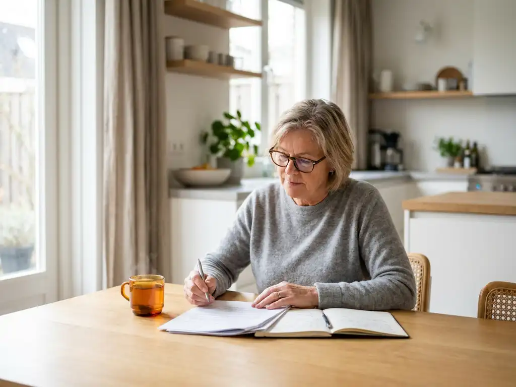 Oudere Nederlandse vrouw met leesbril die documenten bekijkt aan een lichte keukentafel, kopje thee en zachte natuurlijke belichting.
