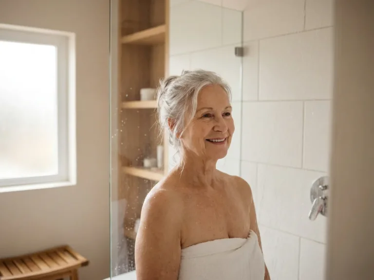 Oudere vrouw met zilvergrijs haar geniet van een warme douche in een moderne badkamer met witte tegels en houten accenten.