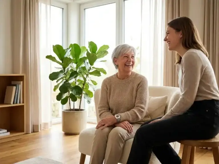 Oudere vrouw in de 70 met persoonlijk alarm horloge in gesprek met familielid in lichte, moderne woonkamer.