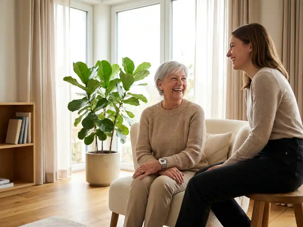 Oudere vrouw in de 70 met persoonlijk alarm horloge in gesprek met familielid in lichte, moderne woonkamer.