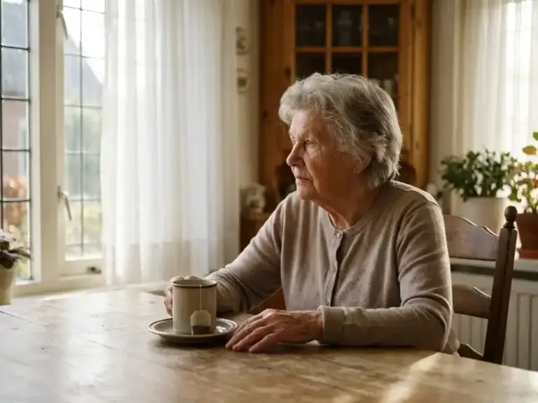 Oudere vrouw alleen aan keukentafel in Nederlands huis, starend naar zonnig raam met afgekoelde thee voor haar.