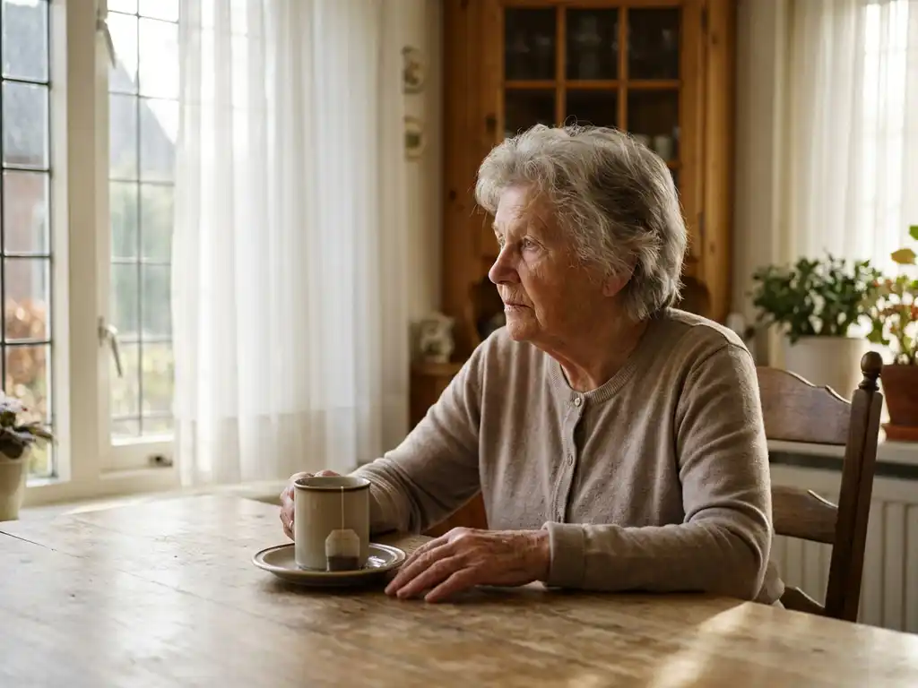 Oudere vrouw alleen aan keukentafel in Nederlands huis, starend naar zonnig raam met afgekoelde thee voor haar.