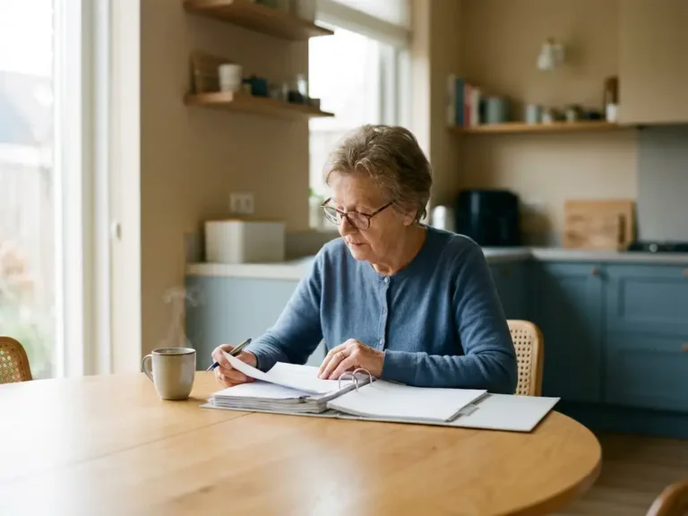 Oudere vrouw met leesbril die financiële documenten bestudeert aan een houten keukentafel in een moderne Nederlandse woning.