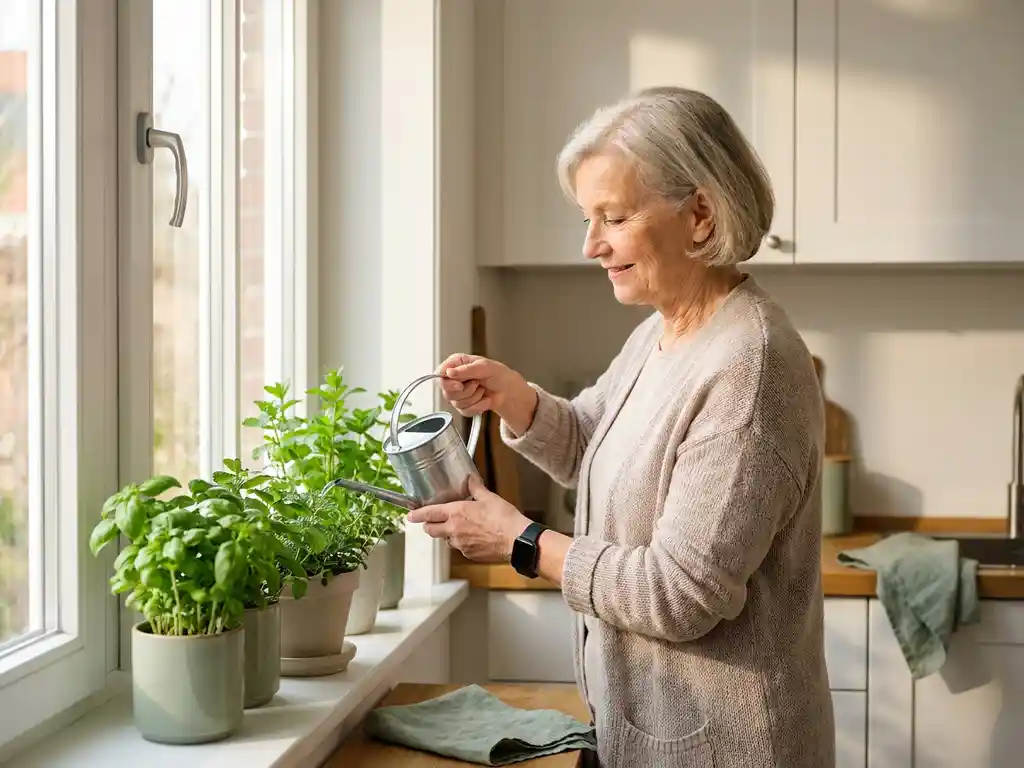 Oudere vrouw verzorgt kruiden op zonnig keukenvensterbank, draagt discreet alarmeringshorloge, modern Nederlands interieur.