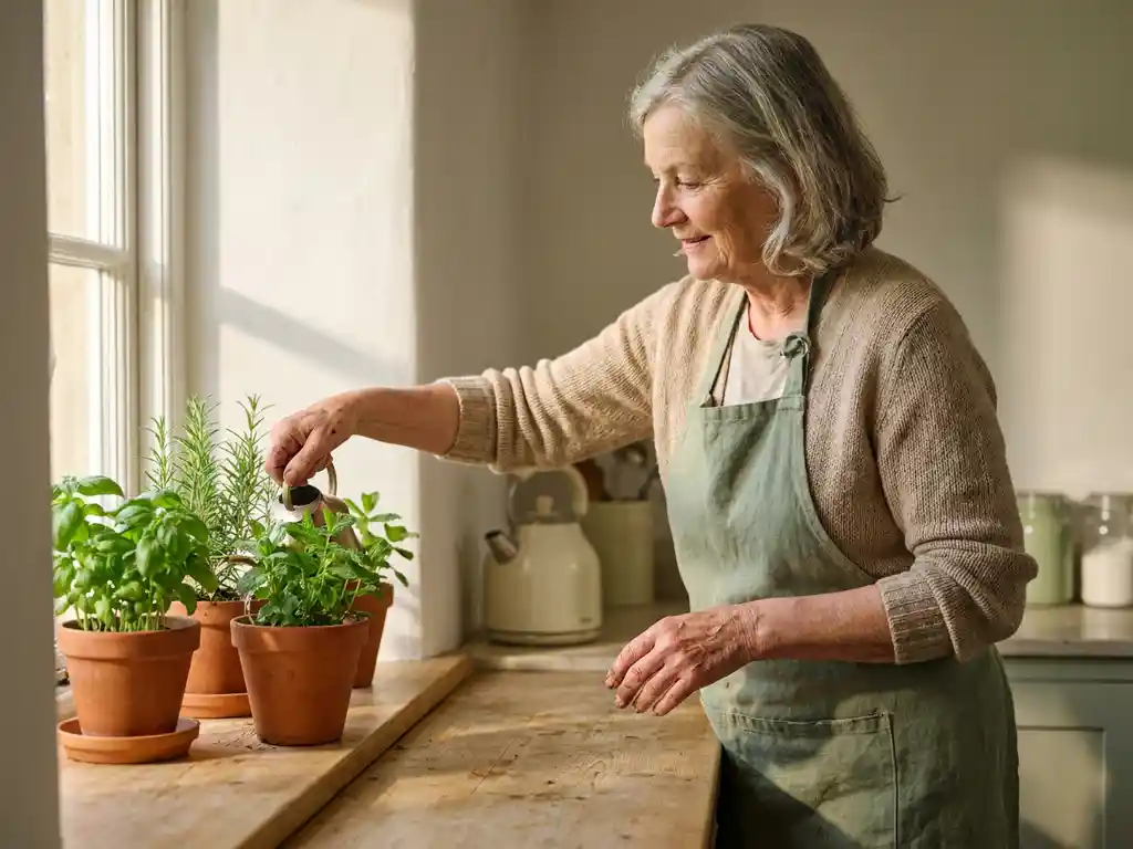 Oudere vrouw verzorgt kruiden in potten op een zonnig keukenvensterbank, omringd door warm natuurlijk daglicht.