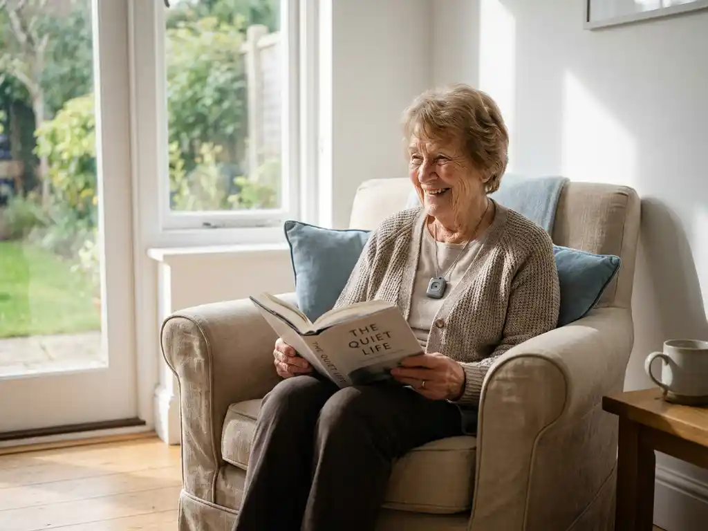 Oudere vrouw leest ontspannen een boek in zonnige fauteuil, met een persoonlijk alarmpendant om haar nek.