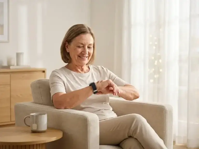 Oudere vrouw in lichte woonkamer met medisch alarmhorloge om de pols, warme thee op de bijzettafel.