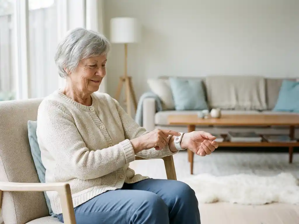 Oudere vrouw met grijs haar die op een wit alarmknopje van een polsbandje drukt in een lichte Scandinavische woonkamer.