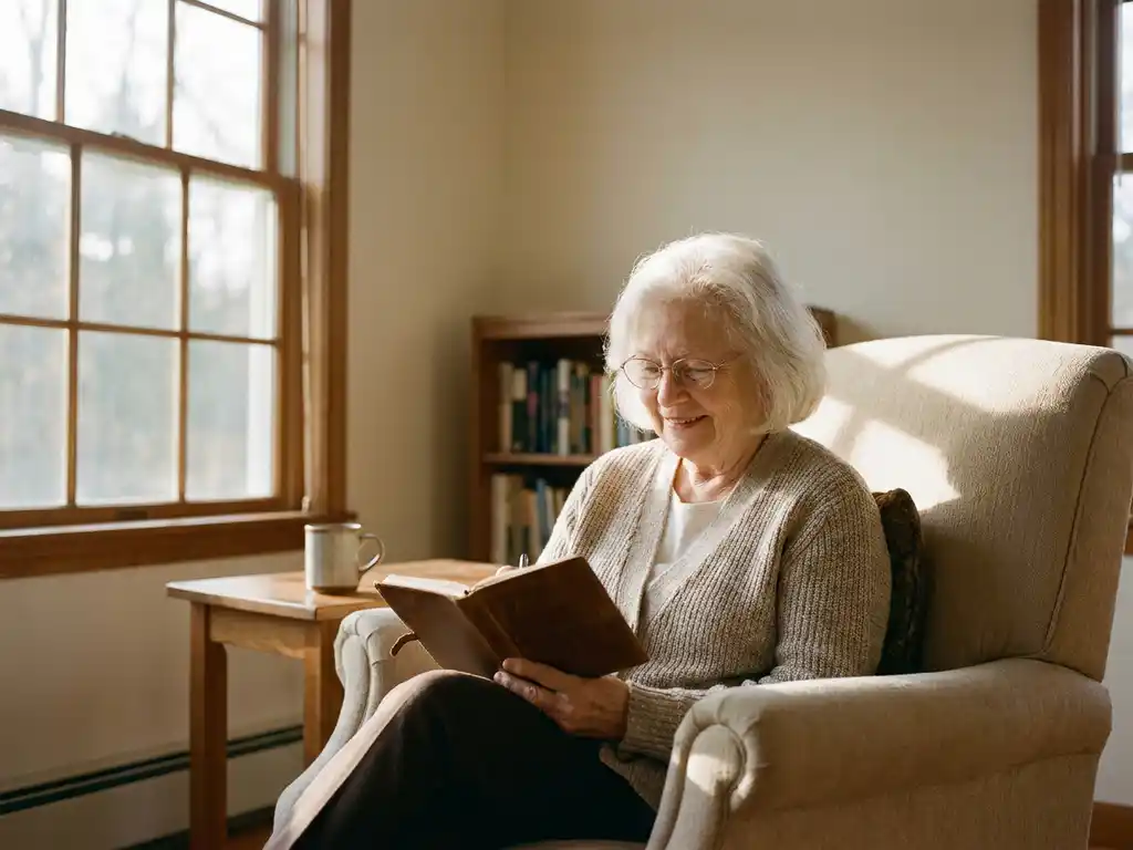 Oudere vrouw in fauteuil die rustig een notitieboekje leest, warm middaglicht door groot raam in lichte woonkamer.