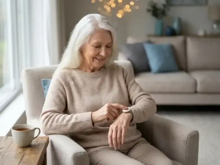 Oudere vrouw drukt op persoonlijk alarmsysteem om haar pols in lichte, moderne woonkamer met kopje thee op houten bijzettafel.