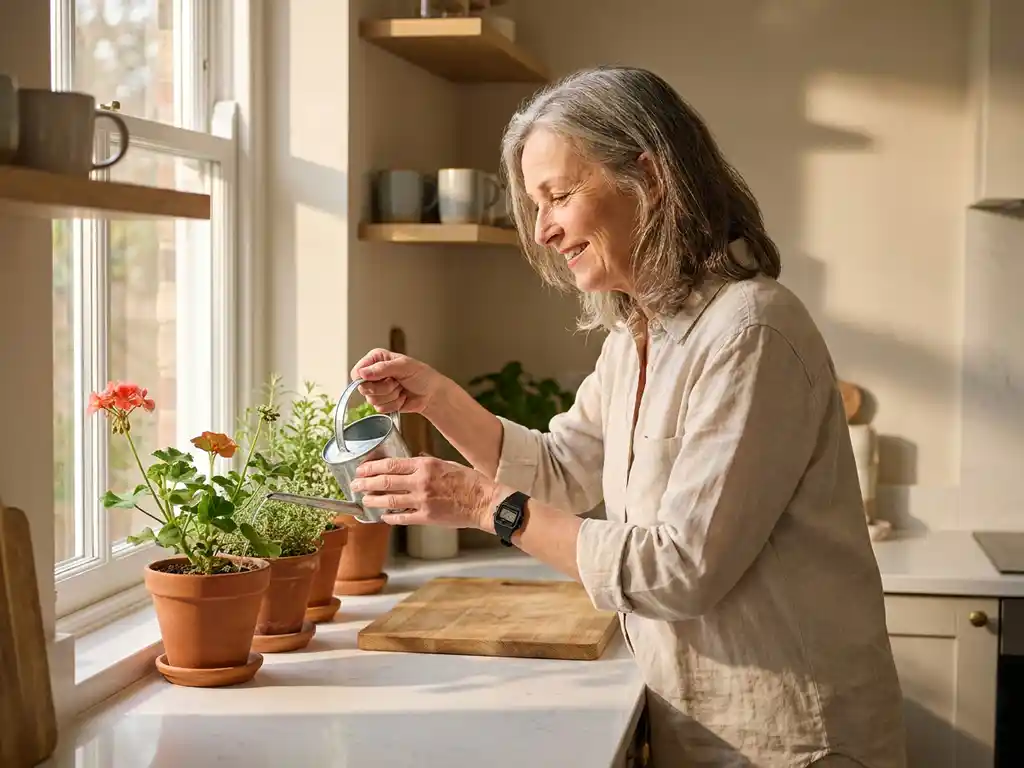 Oudere vrouw besproeit kamerplanten op zonnig keukenvensterbank met discreet alarmhorloge om haar pols.