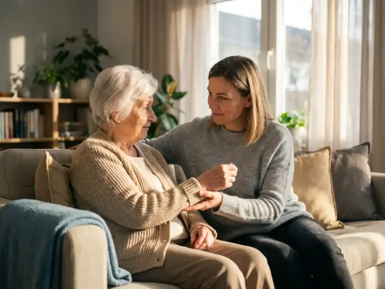 Oudere vrouw houdt haar pols vast in zonnige woonkamer, terwijl familielid naast haar zit en luistert met bezorgde blik.