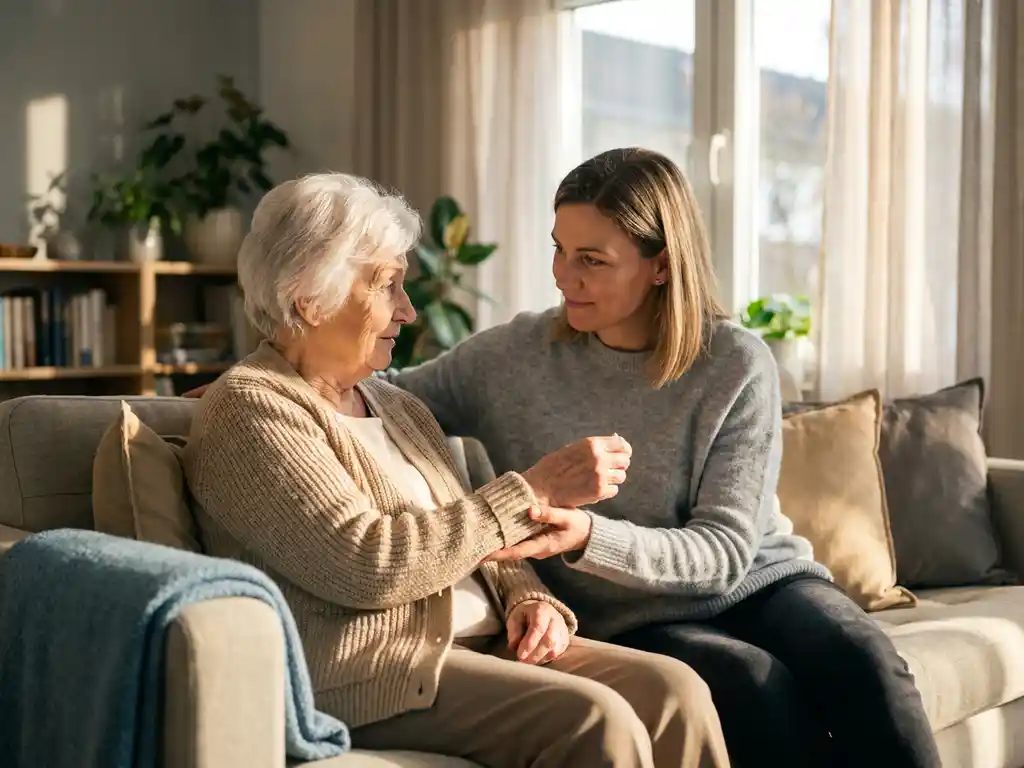 Oudere vrouw houdt haar pols vast in zonnige woonkamer, terwijl familielid naast haar zit en luistert met bezorgde blik.