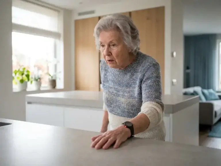 Oudere vrouw die haar evenwicht hervat bij keukenblad, polsalarm met indicatielampje zichtbaar, moderne Nederlandse keuken.