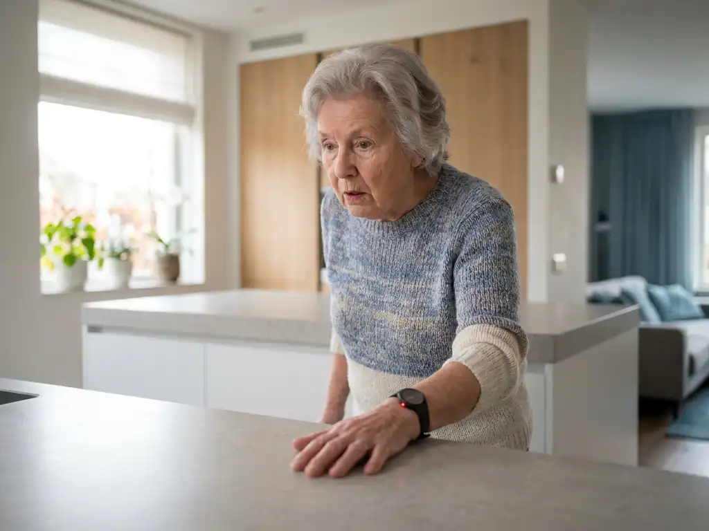 Oudere vrouw die haar evenwicht hervat bij keukenblad, polsalarm met indicatielampje zichtbaar, moderne Nederlandse keuken.