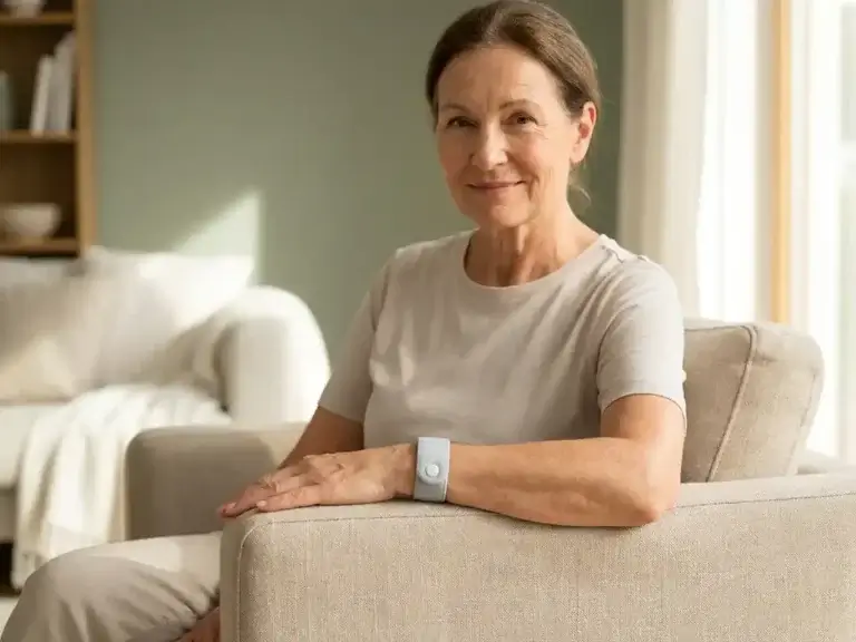 Oudere vrouw met een polsbandalarm zit ontspannen in een lichte moderne woonkamer, rustige zelfstandige sfeer.
