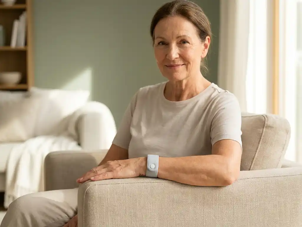 Oudere vrouw met een polsbandalarm zit ontspannen in een lichte moderne woonkamer, rustige zelfstandige sfeer.