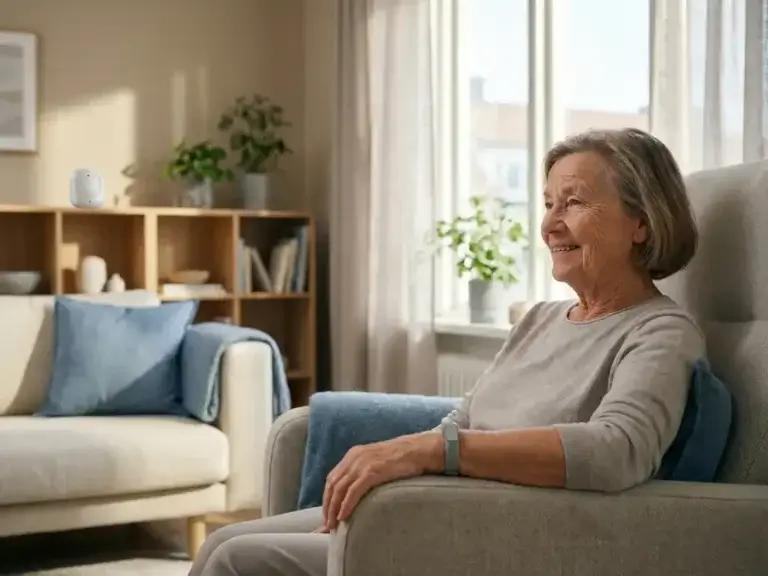 Oudere vrouw met een discreet polsbandalarm in een lichte Scandinavische woonkamer met een sensor op de plank op de achtergrond.