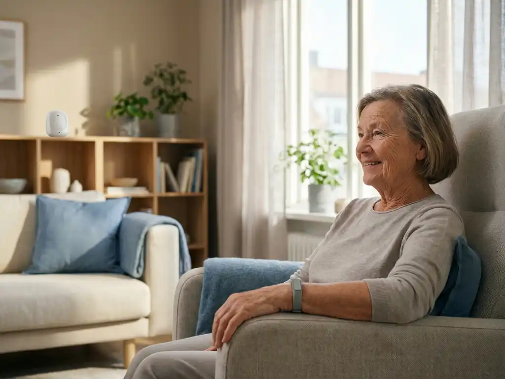 Oudere vrouw met een discreet polsbandalarm in een lichte Scandinavische woonkamer met een sensor op de plank op de achtergrond.