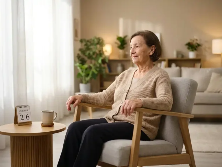 Oudere vrouw in lichte woonkamer, rustend in houten fauteuil bij zonnig raam met kalender en kopje thee op bijzettafel.