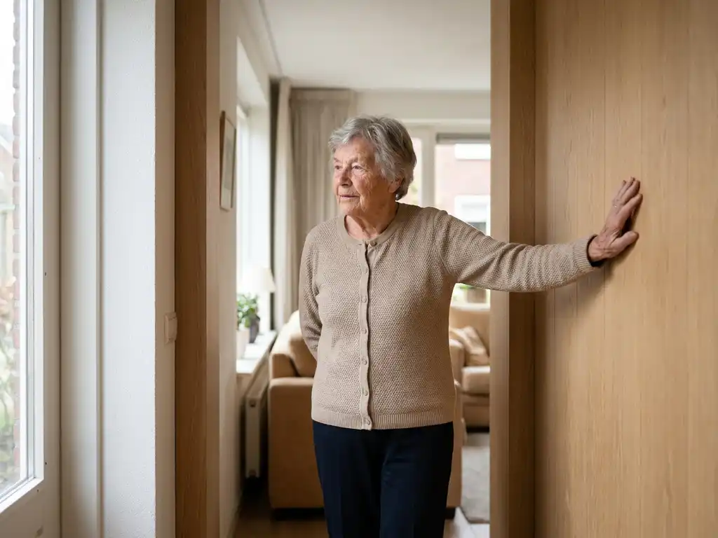 Oudere vrouw steunt met één hand tegen een lichte houten muur in een Nederlandse woning, zelfstandig maar kwetsbaar.