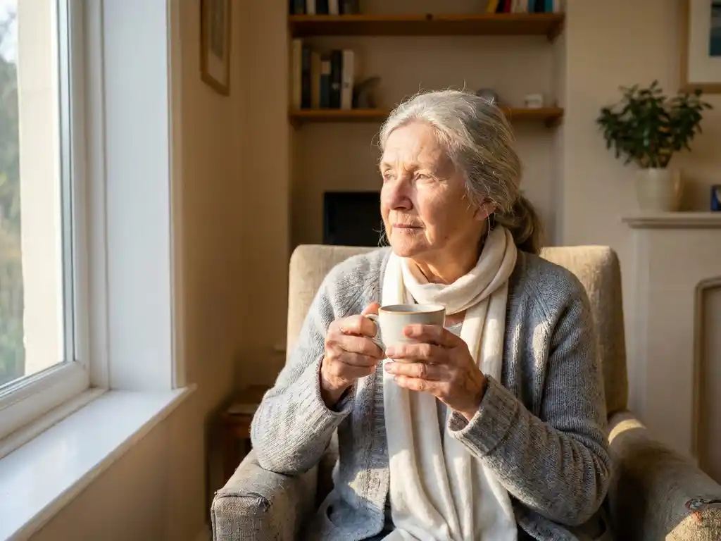 Oudere vrouw met grijs haar zit peinzend in een fauteuil, warme kop thee in handen, zacht middaglicht door het raam.