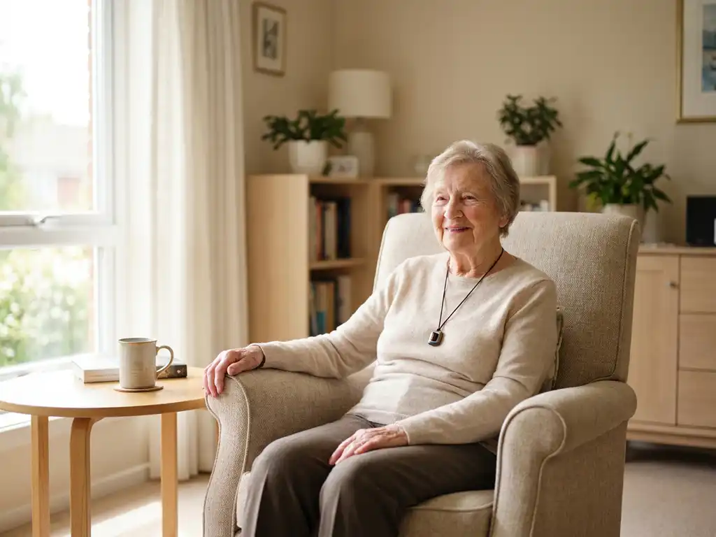 Oudere vrouw in fauteuil met alarmpendant om haar nek, genietend van thee in een zonnige Nederlandse woonkamer.