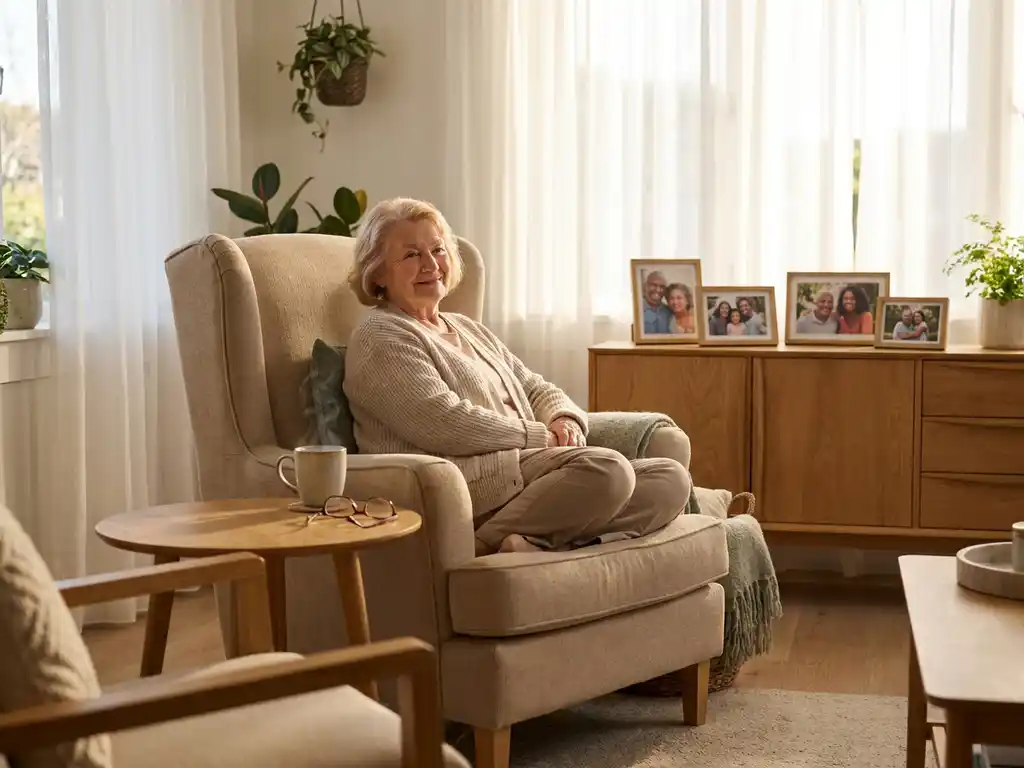 Oudere vrouw zit ontspannen in fauteuil thuis, omringd door familiefoto's en een kop thee, warm zonlicht door gordijnen.